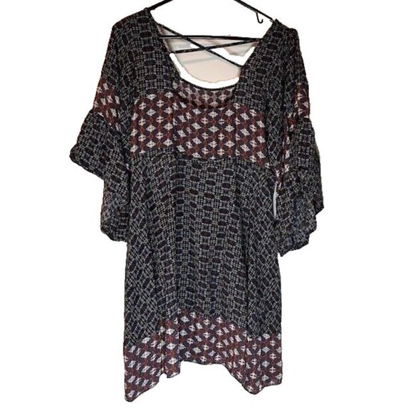 Umgee Tunic Dress M Blue Multi Print Flutter Sleeve Boho Chic Cottagecore Casual - Picture 6 of 6